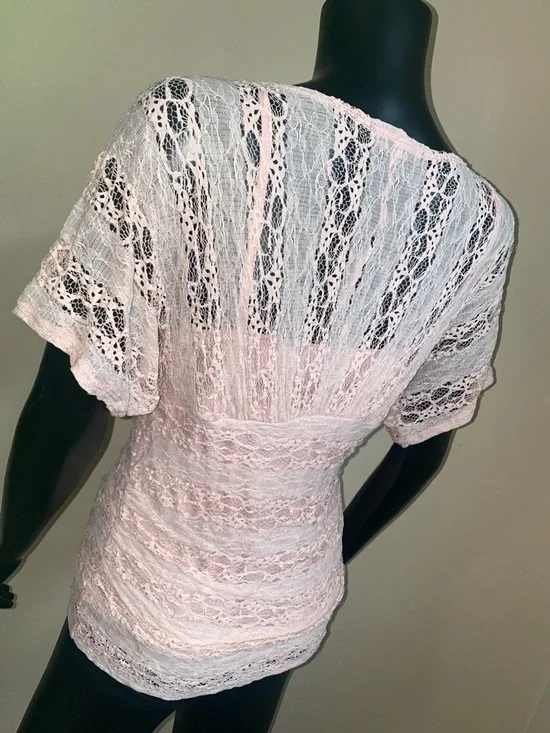 HeartSoul Y2K Darling Blush Pink Lace Short Sleeve Blouse - Picture 8 of 14